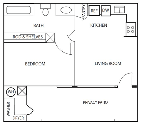 Floor plan for 1 bed, 1 bath, 650 sqft